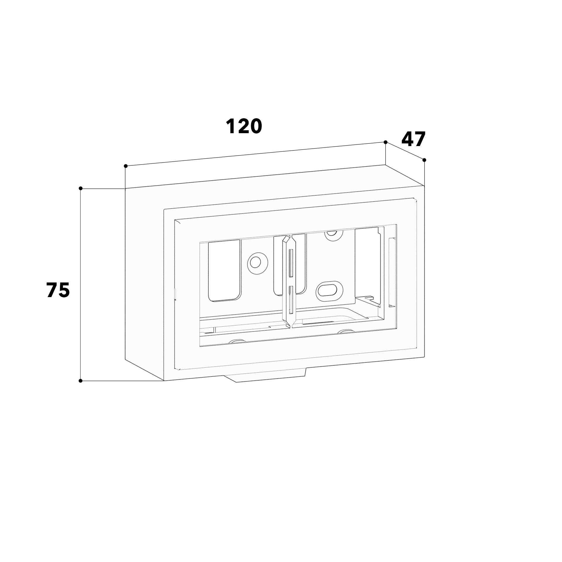 Zeichnung eines rechteckigen Kastens mit den Maßen 120 x 75 x 47. Zeigt eine Frontöffnung und verdeutlicht Dimensionen.