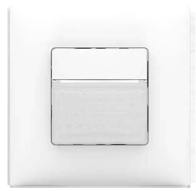 Ein weißer, quadratischer Lichtschalter mit einem transparenten Abschnitt in der unteren Hälfte, der möglicherweise eine Funktion anzeigt.