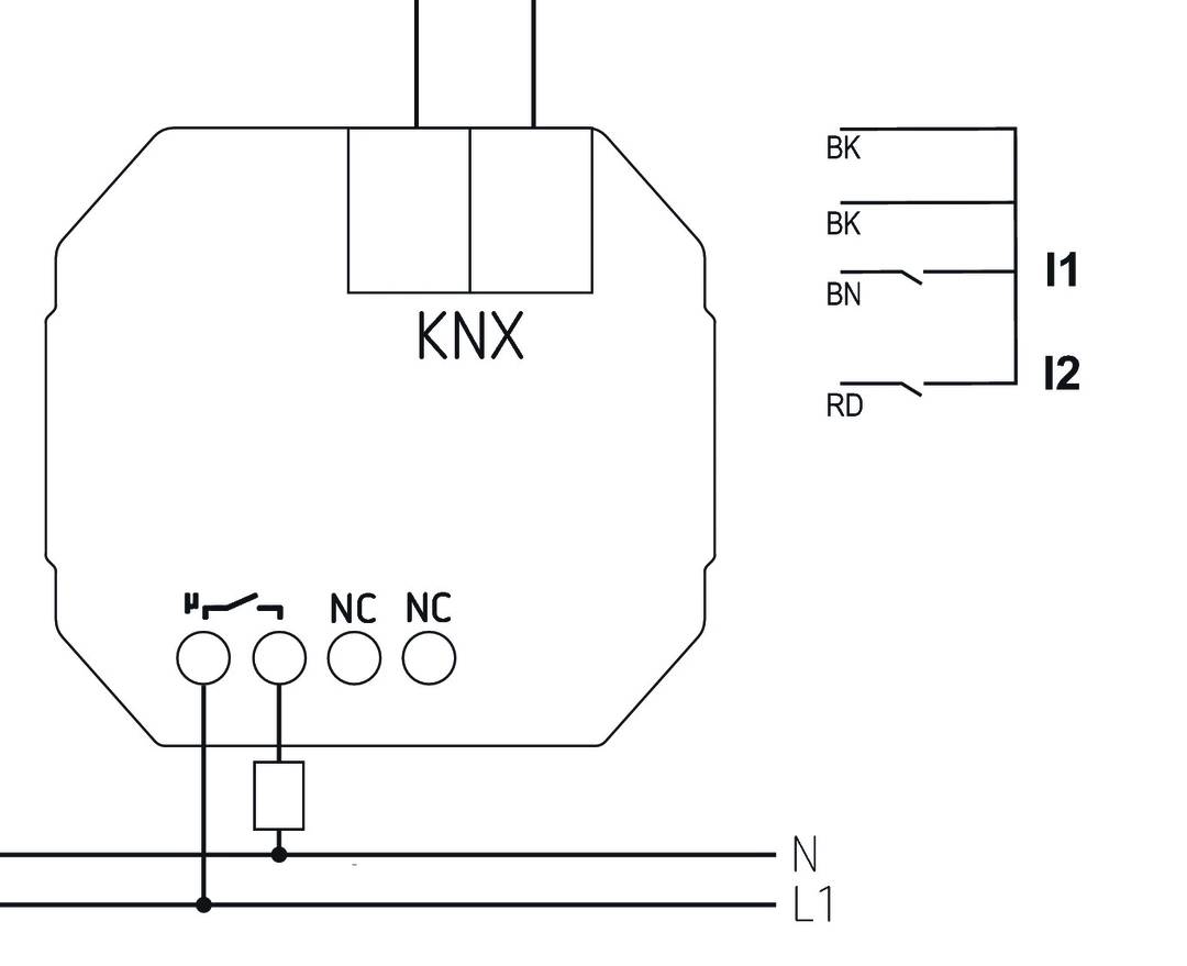 Diagramm eines KNX-Schalters mit Anschlüssen BK, BN, RD an den Ausgängen I1, I2; zeigt elektrische Verbindung zu N und L1.