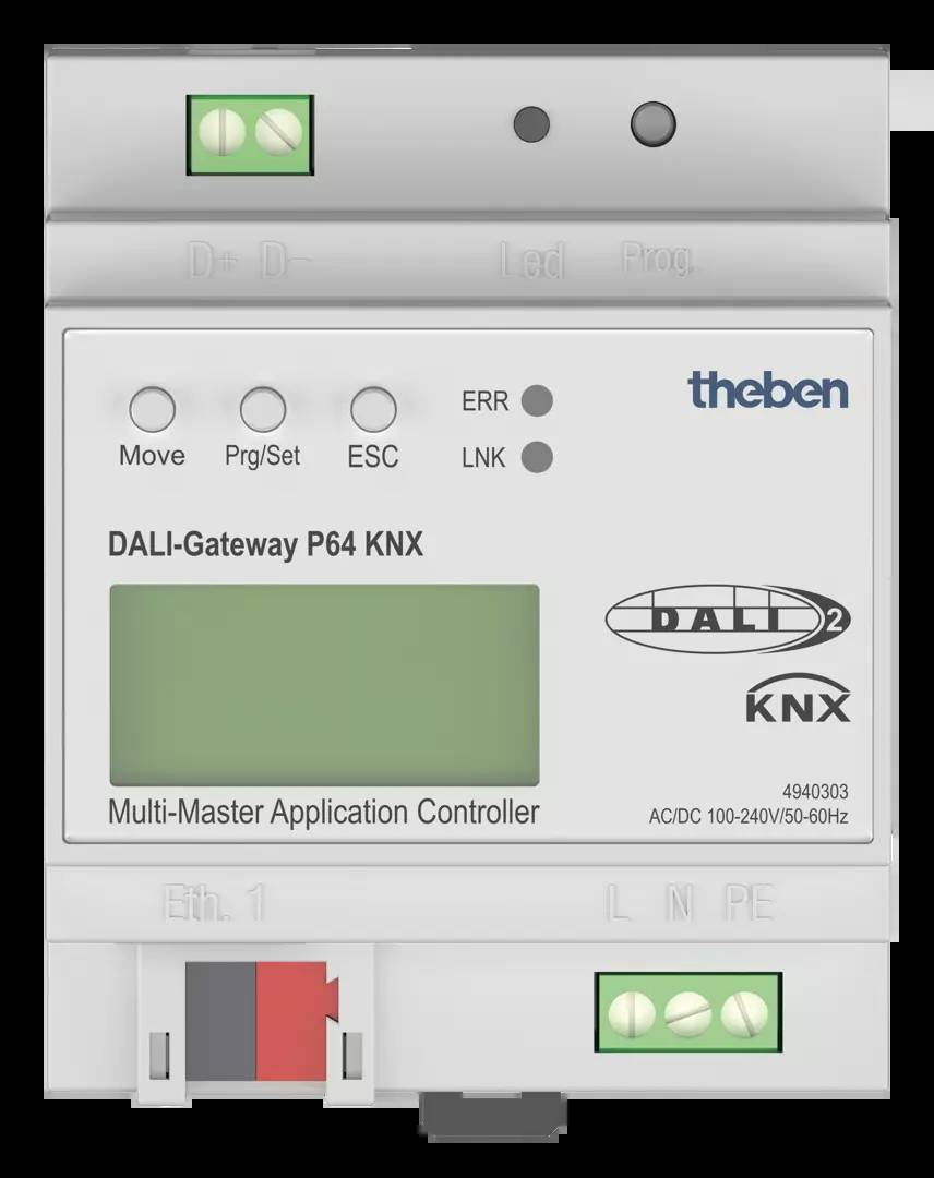 DALI-Gateway P64 KNX von Theben mit LCD-Anzeige. Multi-Master Application Controller, Modell 4940303, AC/DC 100-240V/50-60Hz.