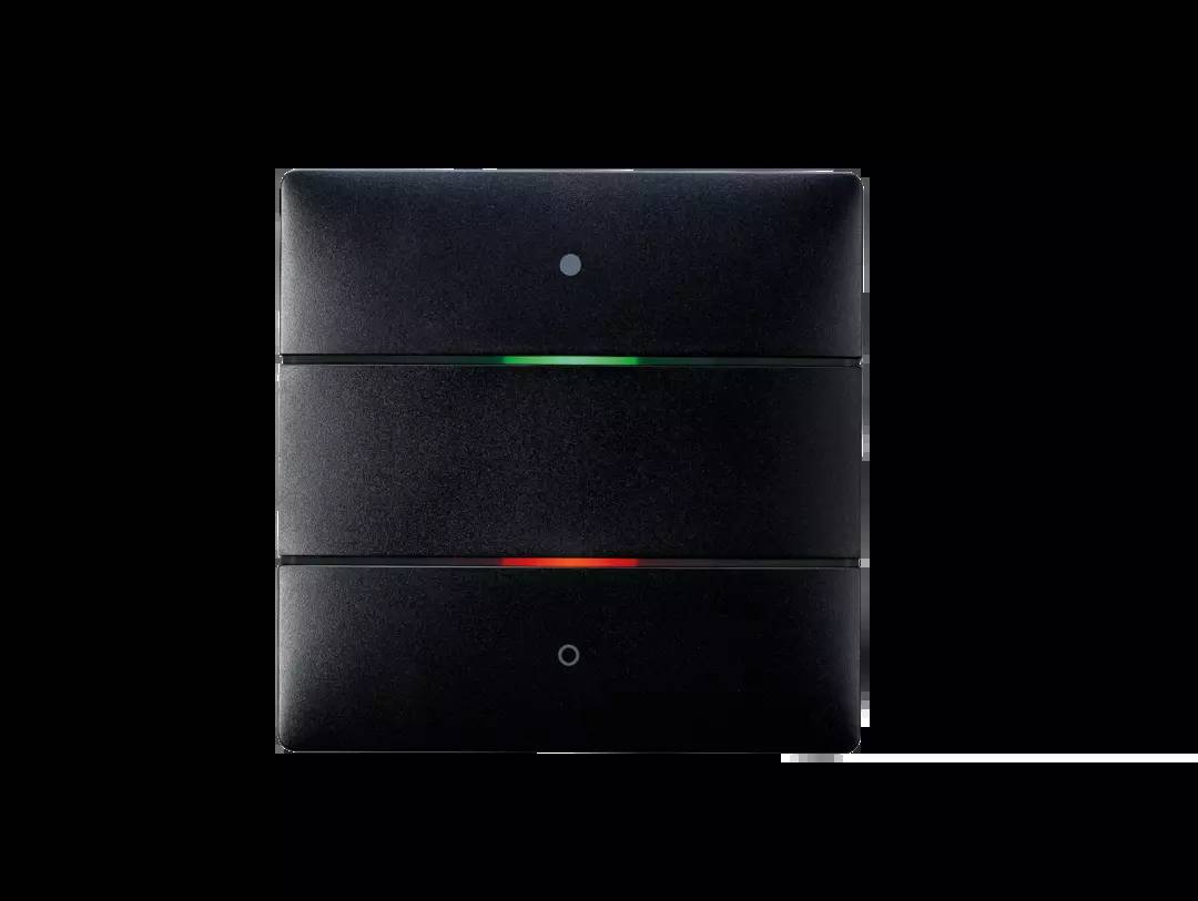 Ein schwarzer Kartenleser mit einem grünen und einem roten Lichtstreifen. Oben und unten sind zwei kleine runde Sensoren sichtbar.