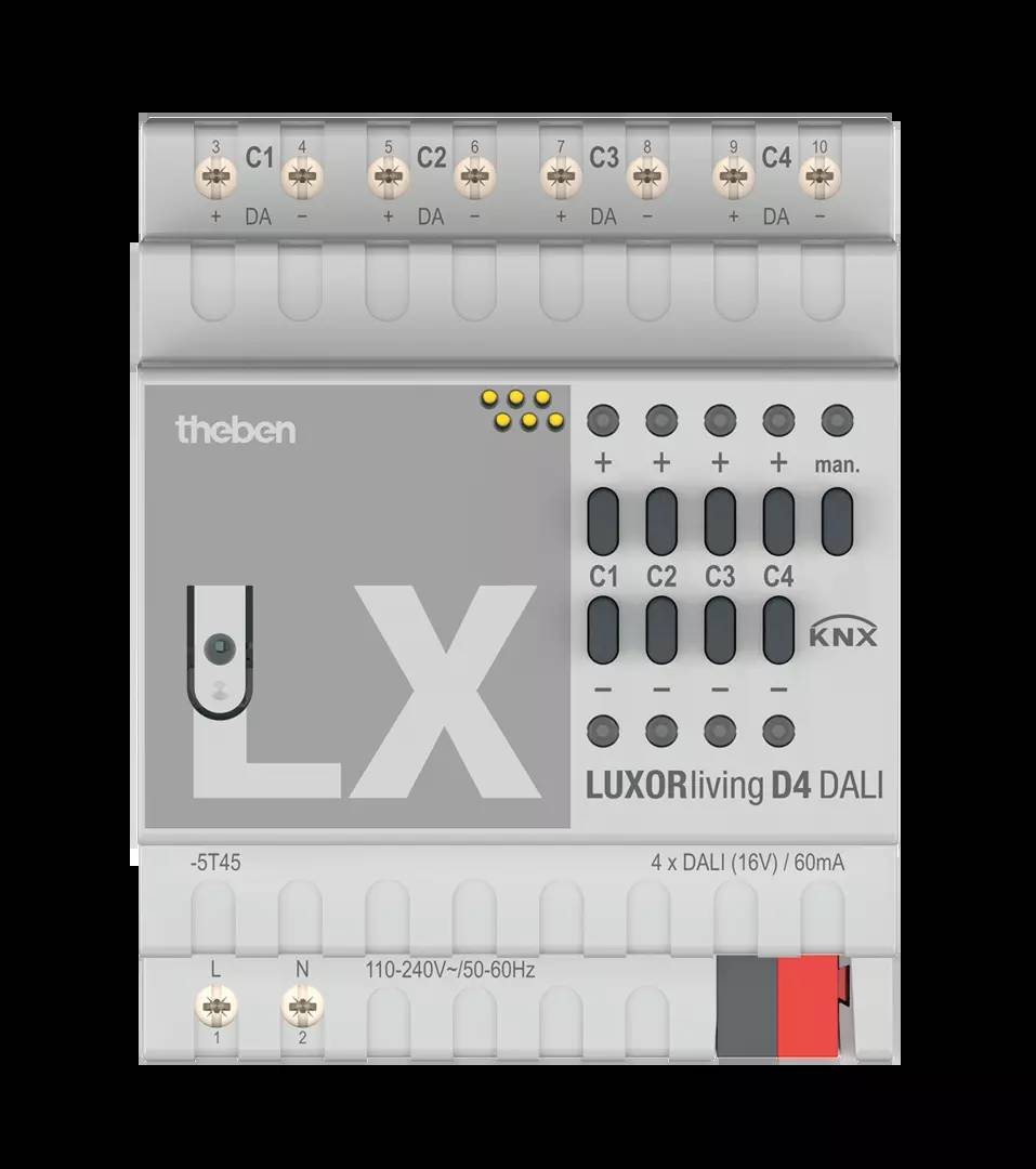 Steuergerät LUXORliving D4 für KNX-DALI Verbindungen, zeigt Anschlussklemmen und Bedienelemente für Lichtsteuerung.