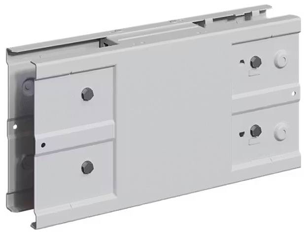Graues Bauelement mit rechteckiger Form und mehreren Befestigungspunkten, vermutlich für mechanische oder elektrische Anwendungen.