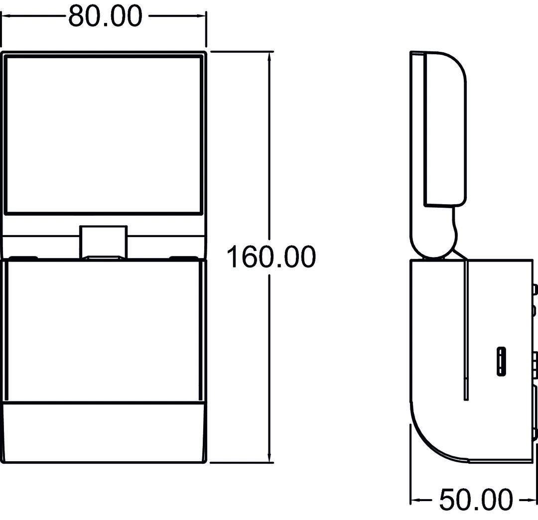 Technische Zeichnung eines rechteckigen Geräts mit Maßen: Breite 80 mm, Höhe 160 mm, Tiefe seitlich 50 mm.