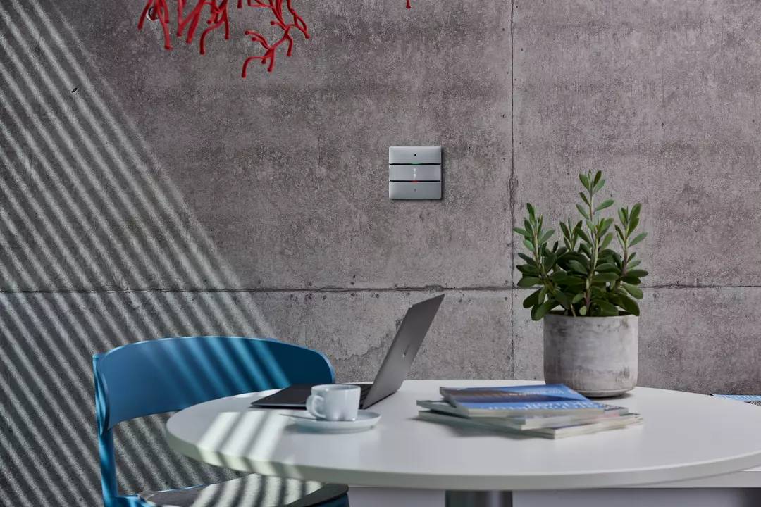 Ein Schreibtisch mit einem Laptop, einer Tasse, Büchern und einer Pflanze neben einer grauen Betonwand.