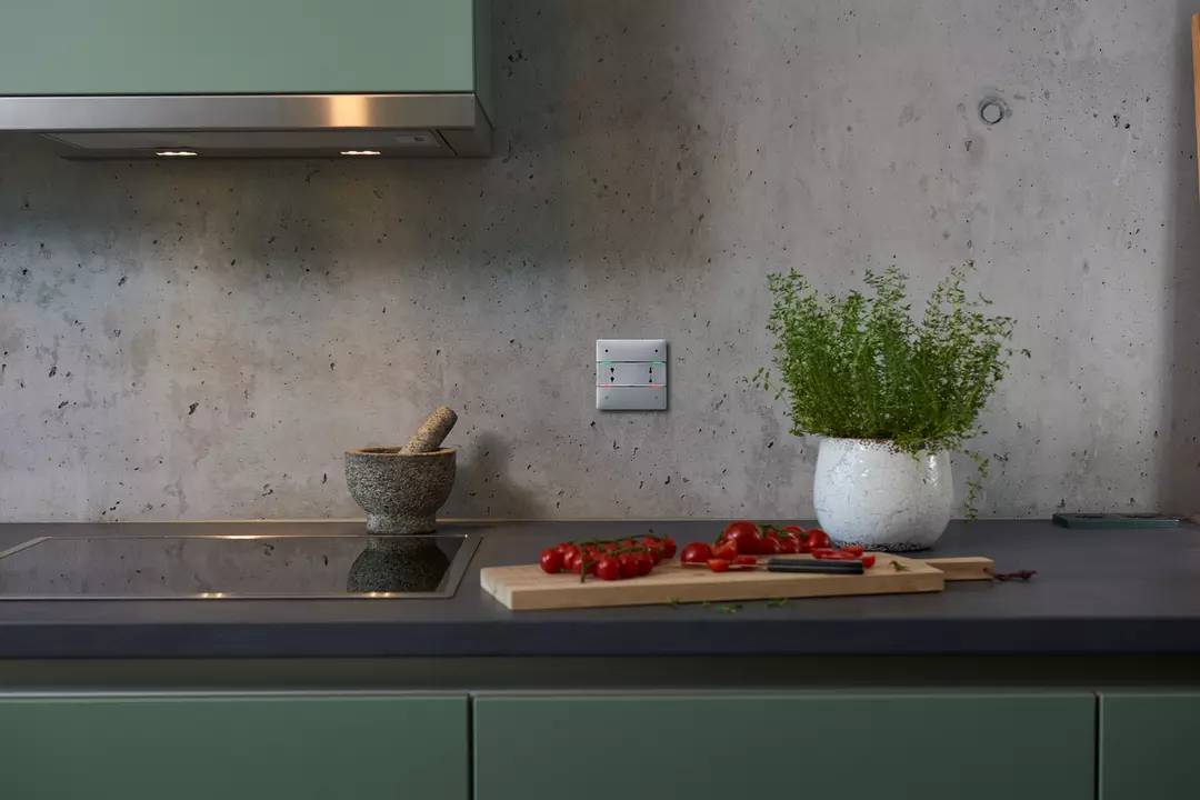 Moderne Küche mit grauer Arbeitsplatte. Ein Mörser, Tomaten und ein Kräutertopf sind sichtbar, zusammen mit einem Schneidebrett.