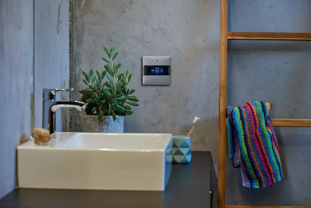 Ein modernes Badezimmer mit Waschbecken, Wasserhahn und Dekoration. An der Wand befindet sich ein digitaler Lichtschalter.