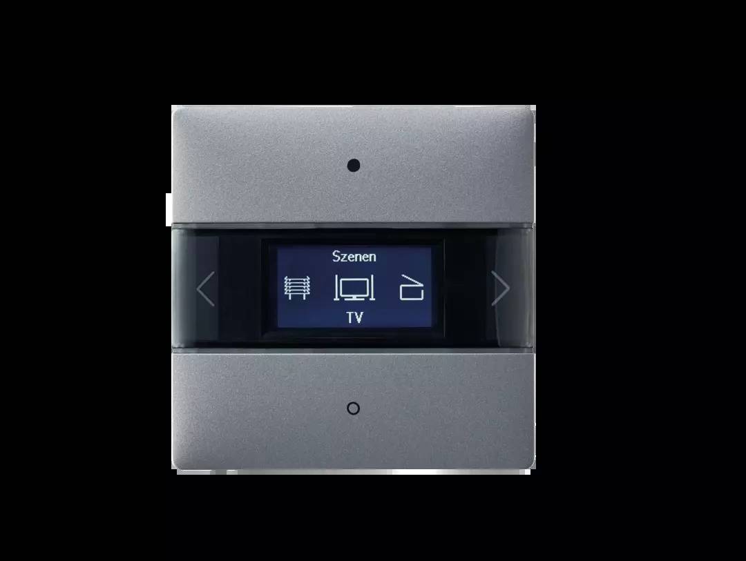 Ein graues Bedienfeld zeigt den Text 'Szenen' mit Symbolen für Heizung, TV und Vorhänge auf einem schwarzen Bildschirm.