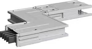 Ein rechteckiges Metallteil mit mehreren Schichten und Öffnungen an der Seite, vermutlich ein elektrotechnisches Bauteil.