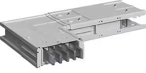 Grau-silbernes technisches Bauteil mit mehreren parallelen Steckverbindungen, vermutlich für industrielle oder technische Anwendungen.