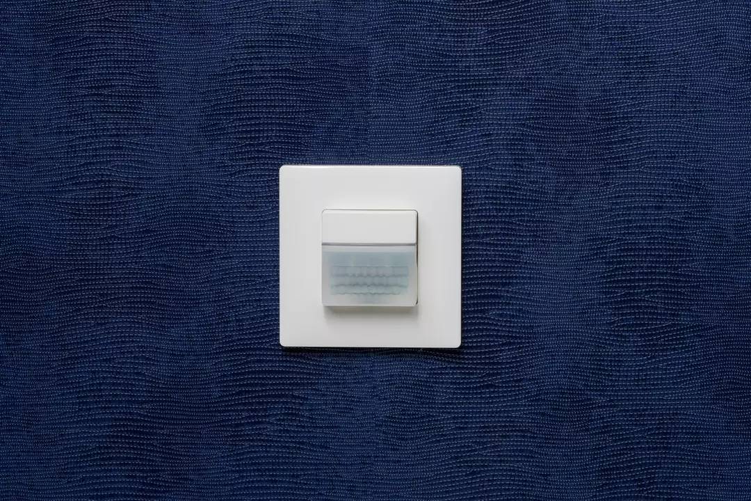 Ein einzelner weißer Lichtschalter an einer dunkelblauen, strukturierten Wand. Der Schalter ist in einer neutralen Position.