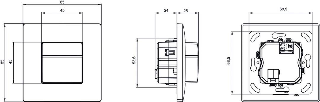 Technische Zeichnung eines rechteckigen Bauteils mit Abmessungen: Höhe 53,6 mm, Breite 24 mm, Tiefe 25 mm.