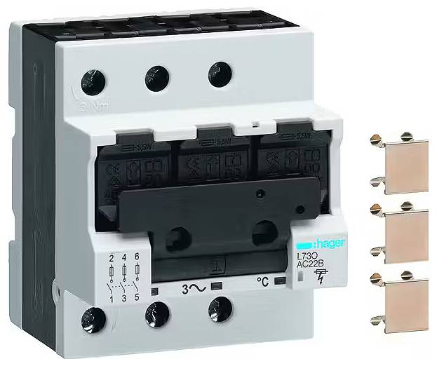 Ein elektrischer Leistungsschalter mit vier seitlichen Anschlüssen, zur Steuerung von Stromkreisen in industriellen Anwendungen.