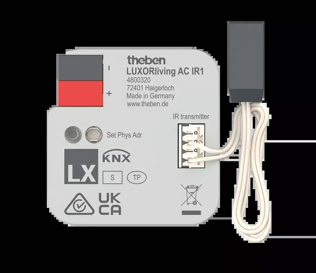 Weißes, rechteckiges Steuergerät mit der Aufschrift 'LUXORliving AC IR1' von Theben für Hausautomatisierung. Kabelanschluss rechts.