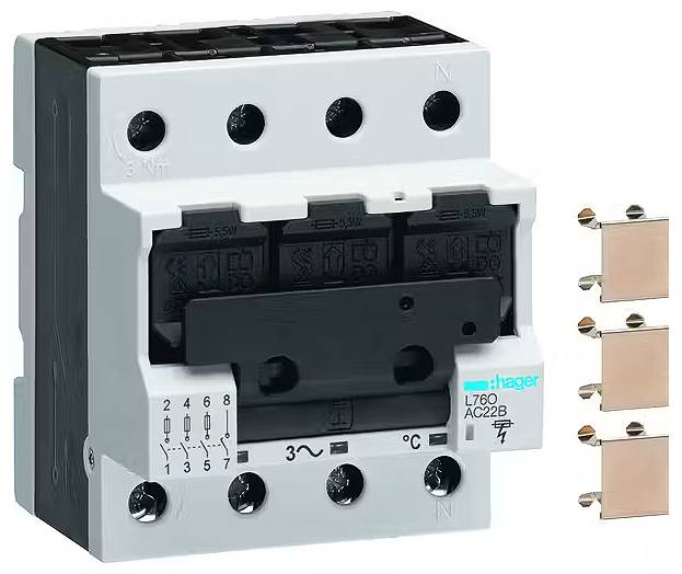 Ein Leistungsschalter mit drei kupfernen Stromschienen rechts. Gerät zur Steuerung elektrischer Schaltungen, wichtige Komponente in der Elektrik.