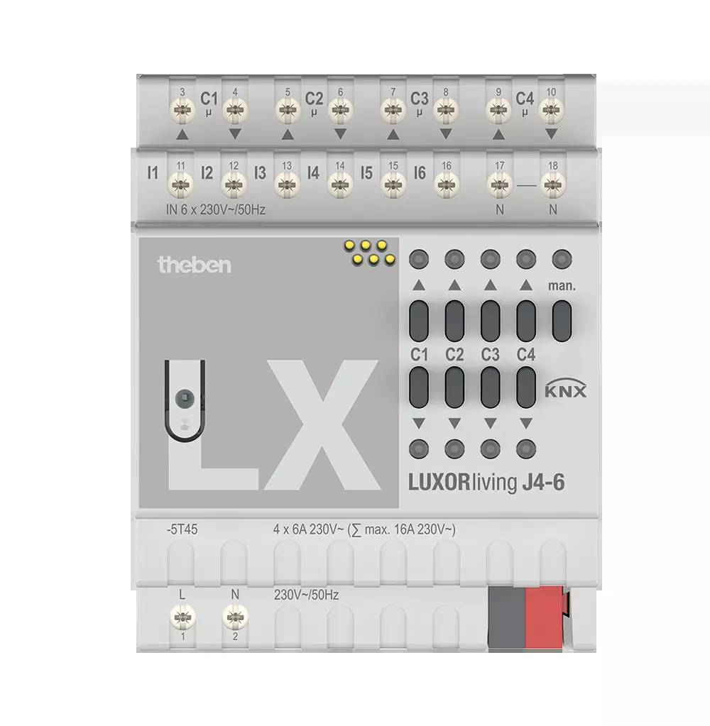 Elektrisches Schaltegerät 'LUXORliving J4-6' von Theben. Oberseite mit 6 Ein- und Ausgängen, KNX-kompatibel, Spannung 230V, 6A.
