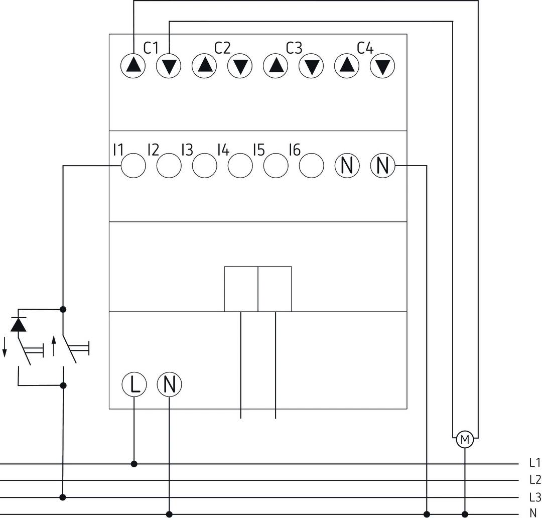 Schaltplan eines Motors mit Anschlüssen C1 bis C4 und I1 bis I6, verbunden mit L, N und M. Diagramm zeigt Verdrahtung und Anschlüsse.