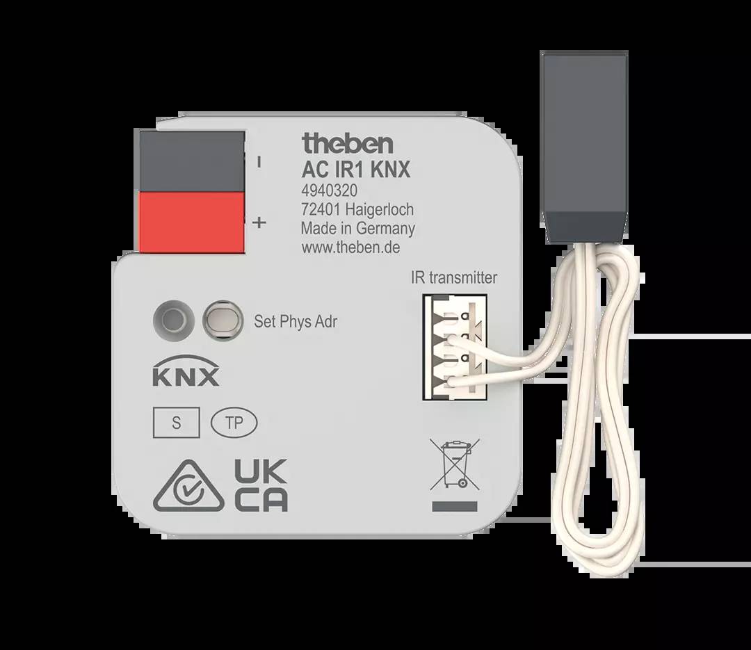Das Bild zeigt ein elektronisches Gerät von Theben, das mit dem KNX-System kompatibel ist. Es hat Kabelanschlüsse und verschiedene Symbole.
