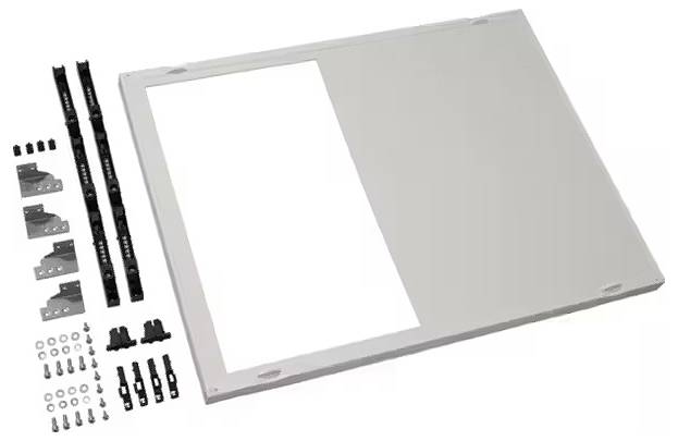 Ein Kabelmanagement-Set für audiovisuelle Zwecke, bestehend aus Abdeckplatte, Kabelkanälen und Befestigungsmaterial.