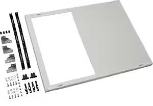 Glasschiebetür-Kit mit Montageschienen, Schrauben und Zubehör. Hauptbestandteile umfassen Schienen, Winkel und Türgriff.