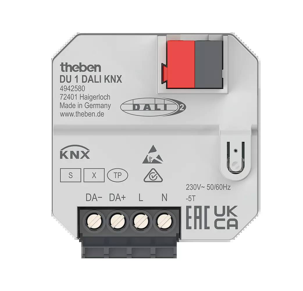 Ein KNX-DALI-Gateway-Modul von Theben, Modell DU 1. Verbindungselemente und Anschlüsse sichtbar. Made in Germany' aufgedruckt.