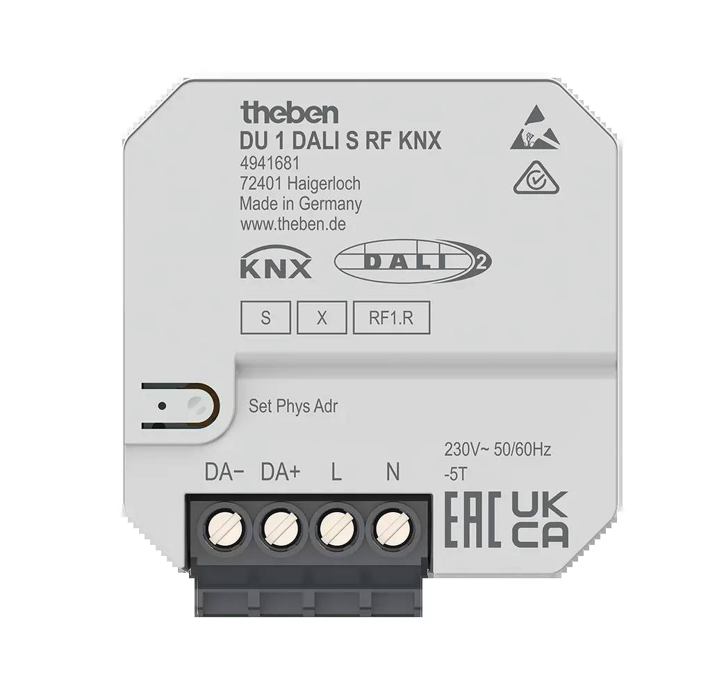Elektronisches Gerät mit Beschriftung: 'DU 1 DALI S RF KNX'. Enthält elektrische Anschlüsse und Kennzeichnungen. Hergestellt in Deutschland.