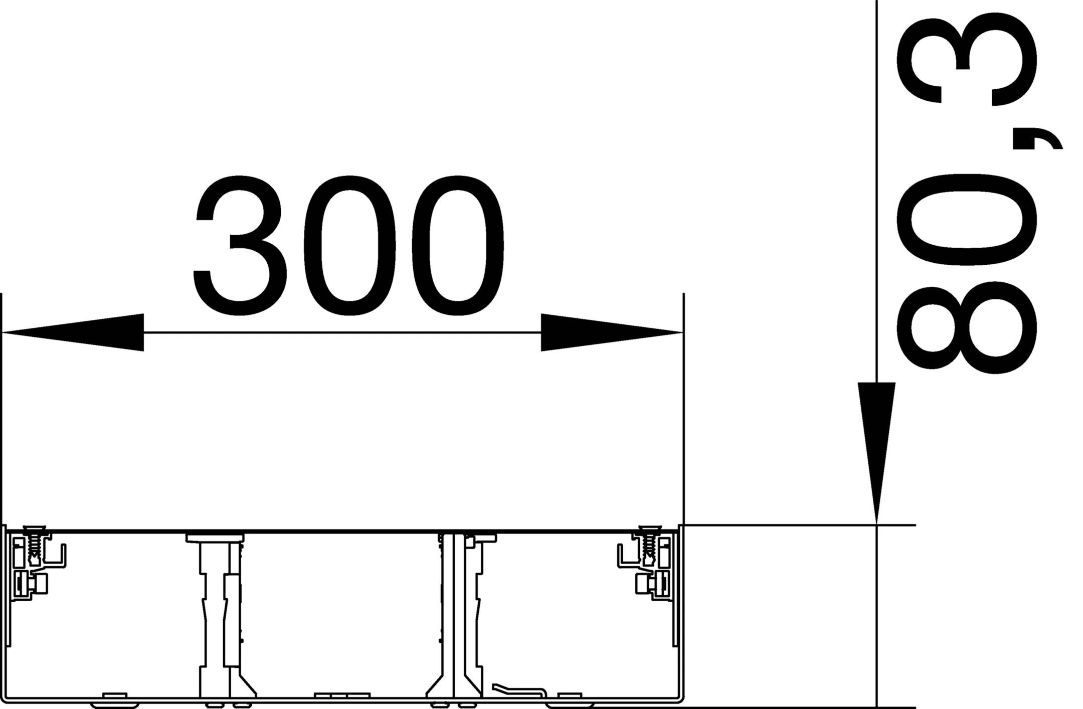 Technische Zeichnung mit einem Maßpfeil von 300 mm, der auf eine Querlinie zeigt.