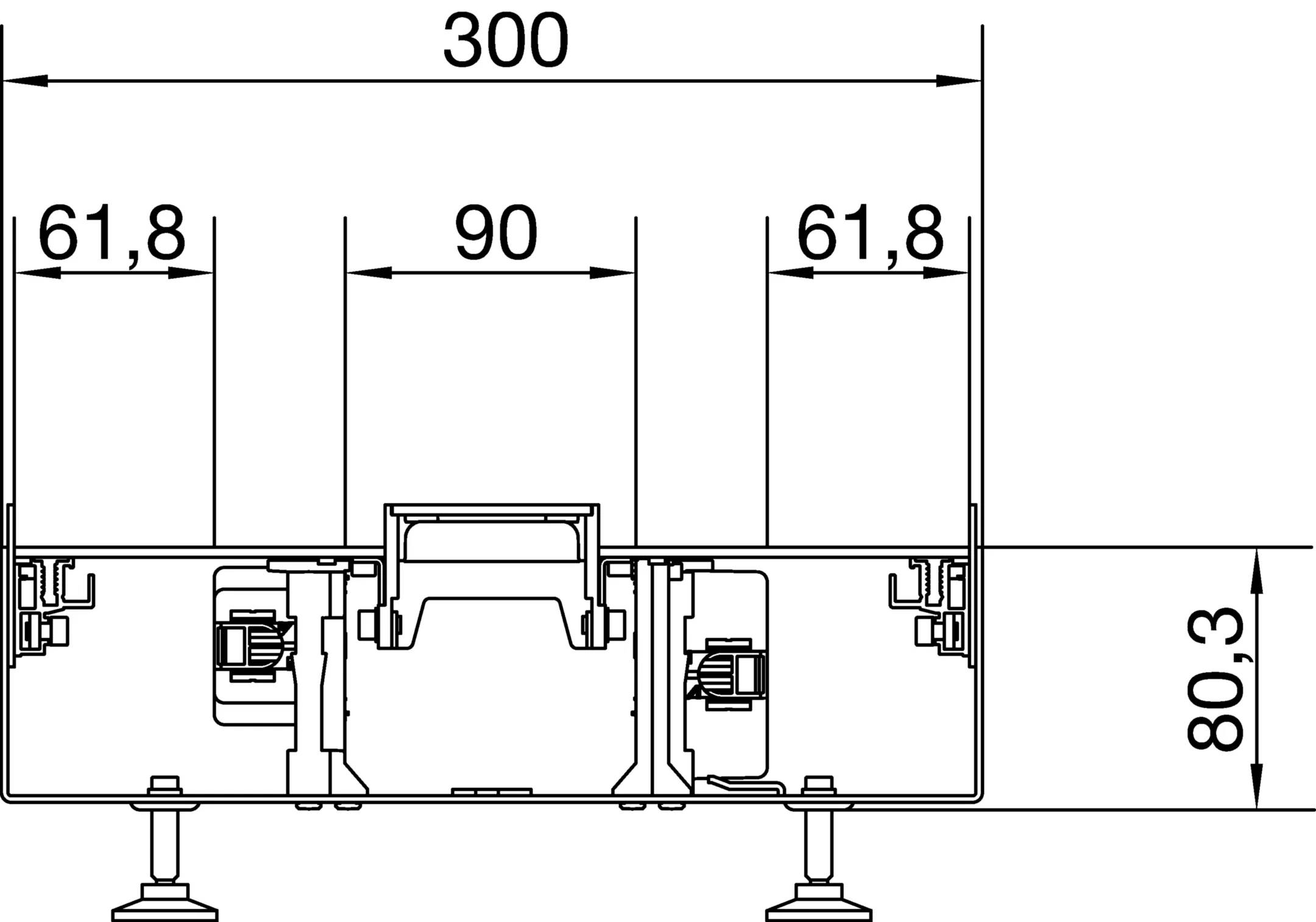 Technische Zeichnung eines Querschnitts eines Aluminiumprofils mit Maßen: 300 mm Länge, 90 mm Höhe, 61,8 mm Breite.