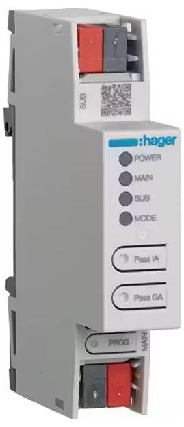 Schaltergerät mit Hager-Logo, vier Tasten: Power, Main, Sub, Mode. Kontrollleuchten für Pass IA und Pass GA.