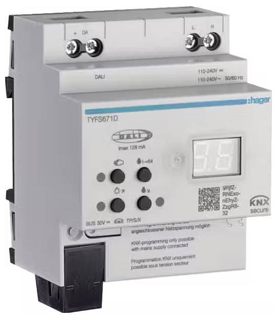 Ein KNX-Schaltaktor mit Display und Tasten, geeignet für 110-240V und 50/60 Hz Spannung, von der Marke Hager.