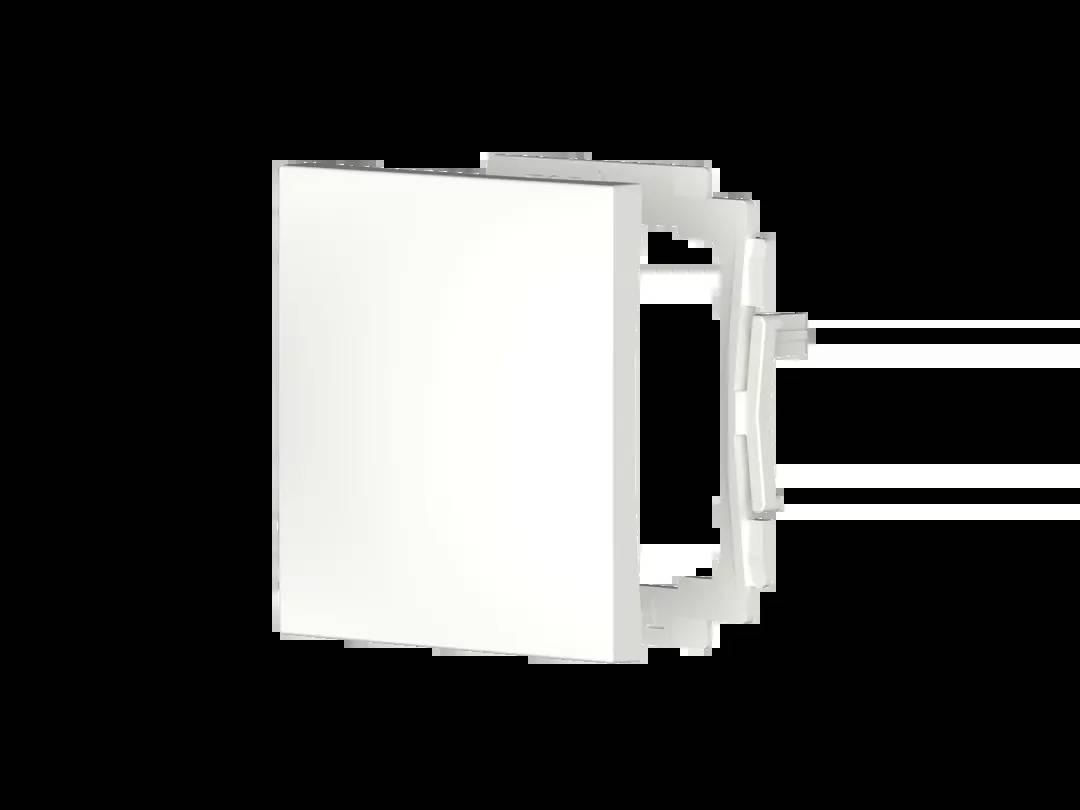Ein weißer quadratischer Lichtschalter vor schwarzem Hintergrund, teilweise geöffnet, zeigt Seiten- und Rückansicht.