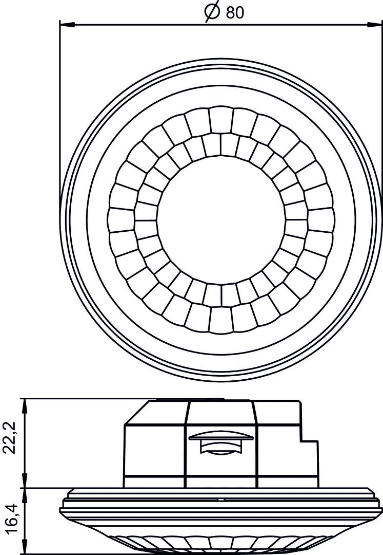 Technische Zeichnung eines Rundsteckverbinders mit verschiedenen Ansichten. Fokus auf den Durchmesser und die seitliche Höhe von 22,2 mm.