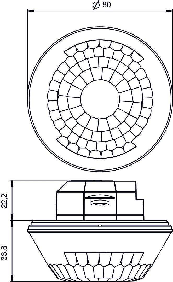 Technische Zeichnung eines kreisförmigen Objekts mit sechseckigem Muster und einer Basis. Maße: Höhe 22,2 mm.