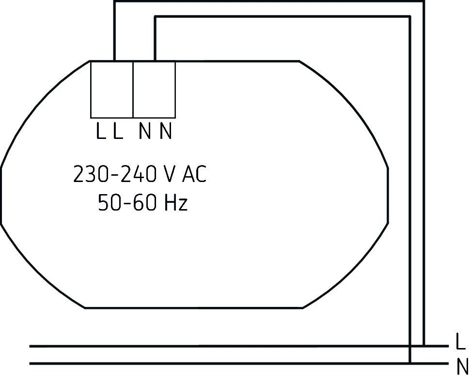 Elektrischer Schaltplan mit Spannung '230-240 V AC' und Frequenz '50-60 Hz'. Anschlüsse mit 'L', 'N' gekennzeichnet.