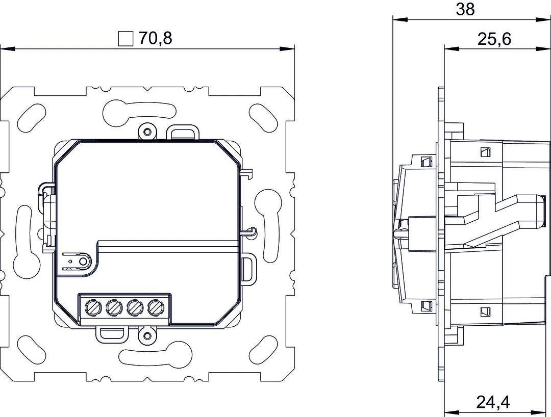 Technische Zeichnung eines quadratischen Schalters mit Maßen 70,8 x 38 mm, Draufsicht links, Seitenansicht rechts.