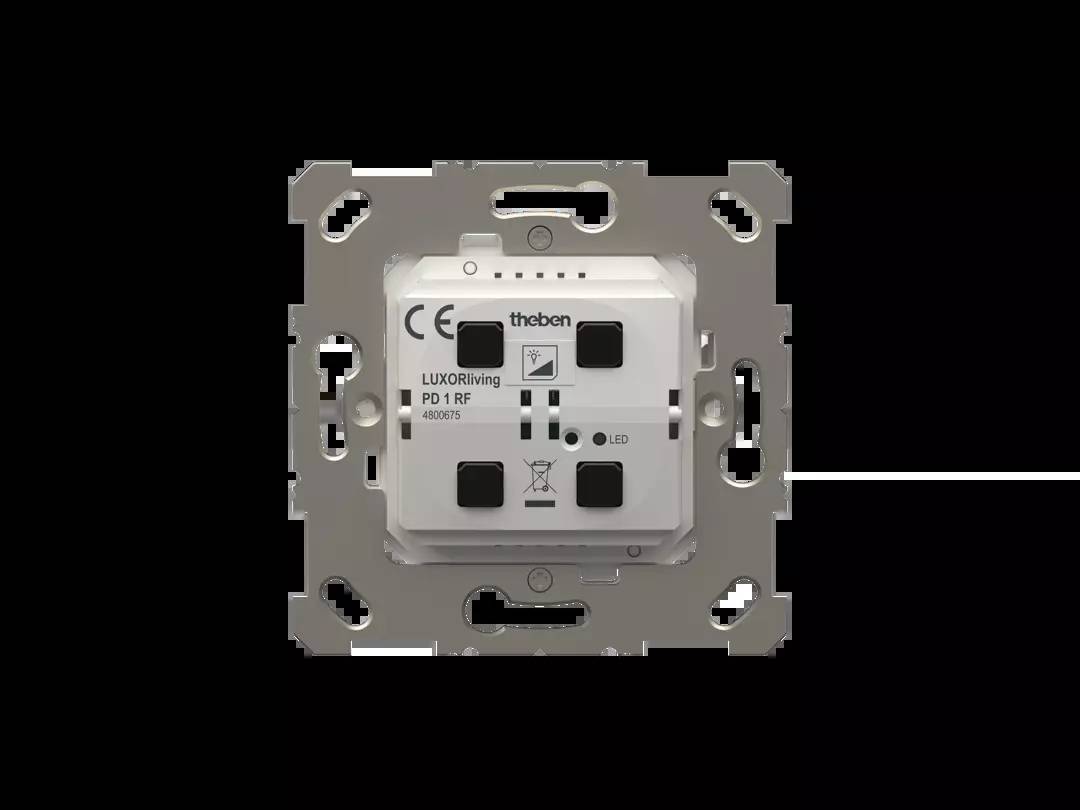 Ein LUXORliving PD1 RF Bewegungssensor von Theben, eingebaut in einem Metallrahmen.