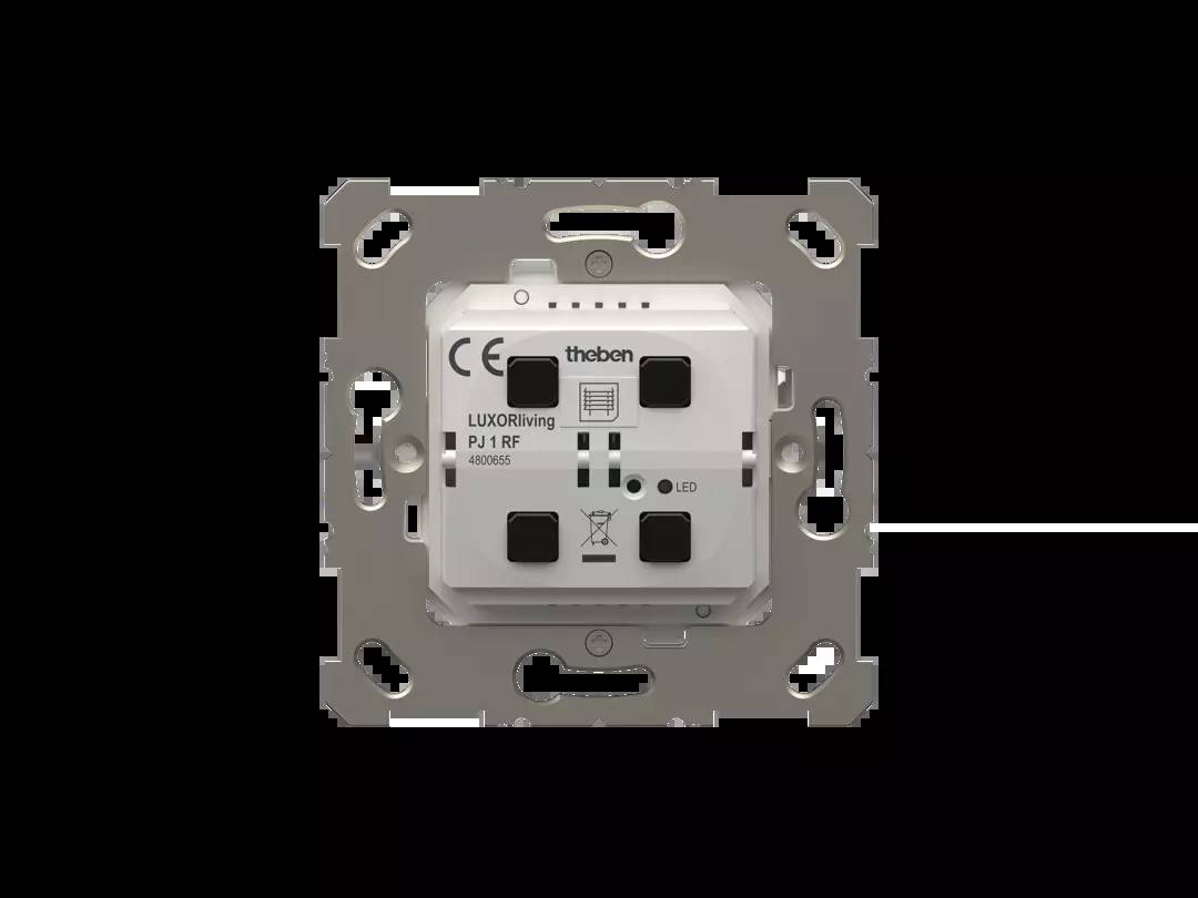 Lichtschaltermodul mit Beschriftung 'LUXORliving PJ 1 RF' und LED-Anzeige von Theben. Elektrische Wandinstallation.