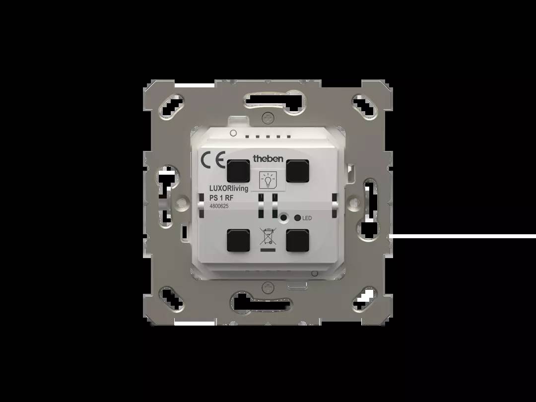 Ein Unterputz-Raumcontroller mit Tasten und LED-Anzeige, verwendet in Smart-Home-Systemen. Das Gerät ist quadratisch mit Metall- und Kunststoffteilen.