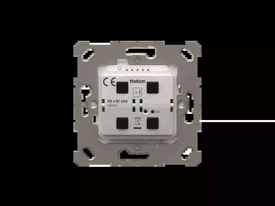 Schalter für KNX-Systeme von Theben. Auf der Vorderseite sind CE-Kennzeichnung, LEDs und Modelleigenschaften sichtbar.