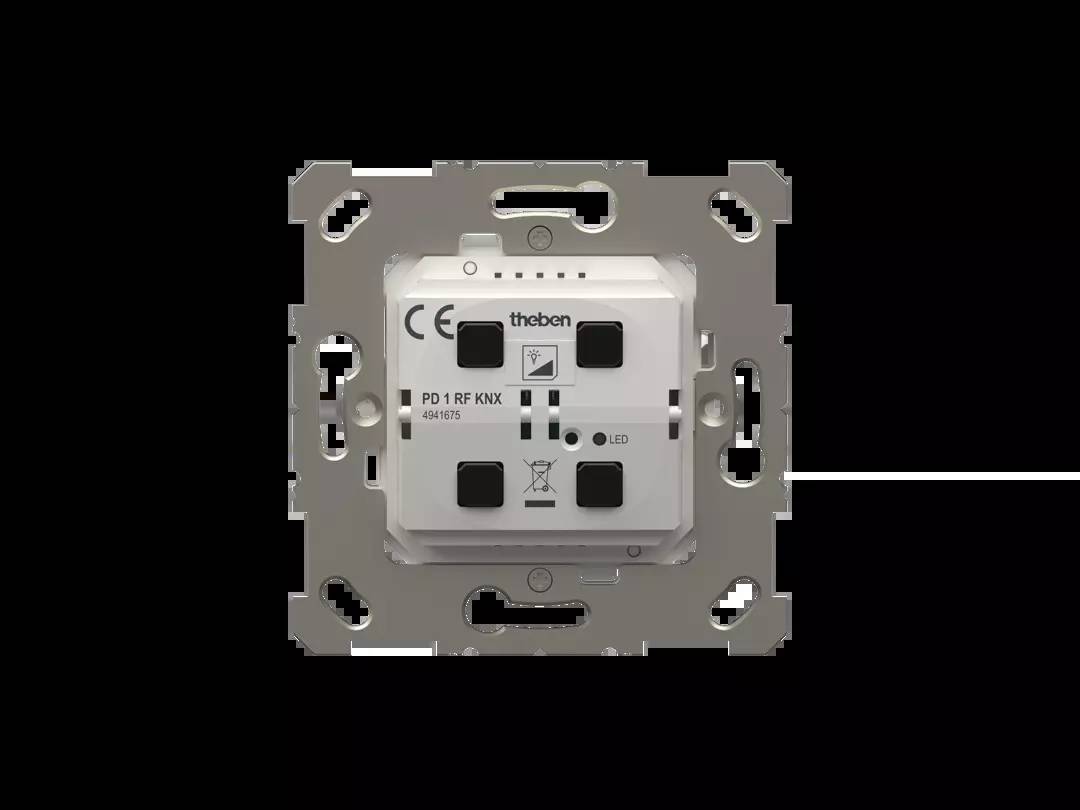Ein Bewegungssensor der Marke 'theben', Modell PD 1 RC KNX, ist auf einer quadratischen Montageplatte zu sehen.