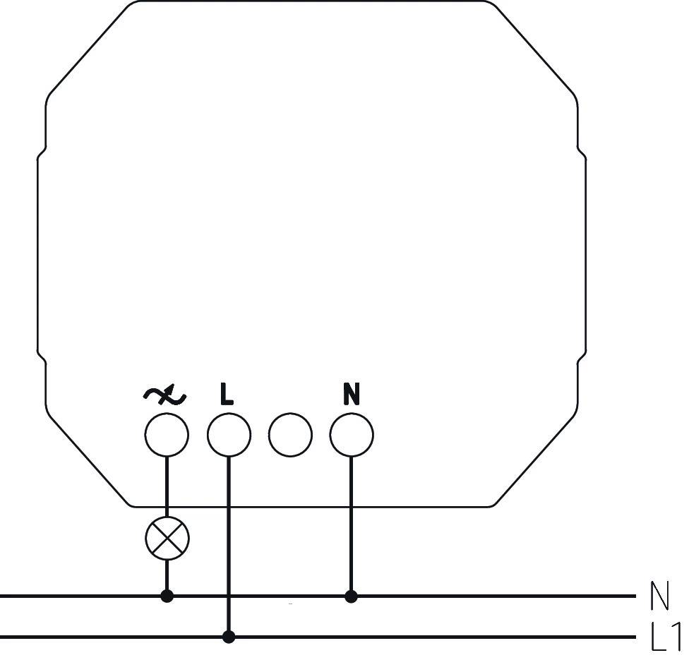 Schaltschema: Anschlussplan mit Symbolen für Wechselstrom, Phase (L), Neutralleiter (N) und Leuchte. Linie verbindet Elemente.