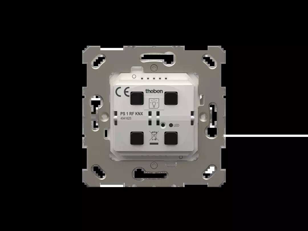 Ein Wandmodul mit der Aufschrift 'theben'. Es hat eine quadratische Form, zwei seitliche Befestigungen und drei kleine runde Komponenten vorne.