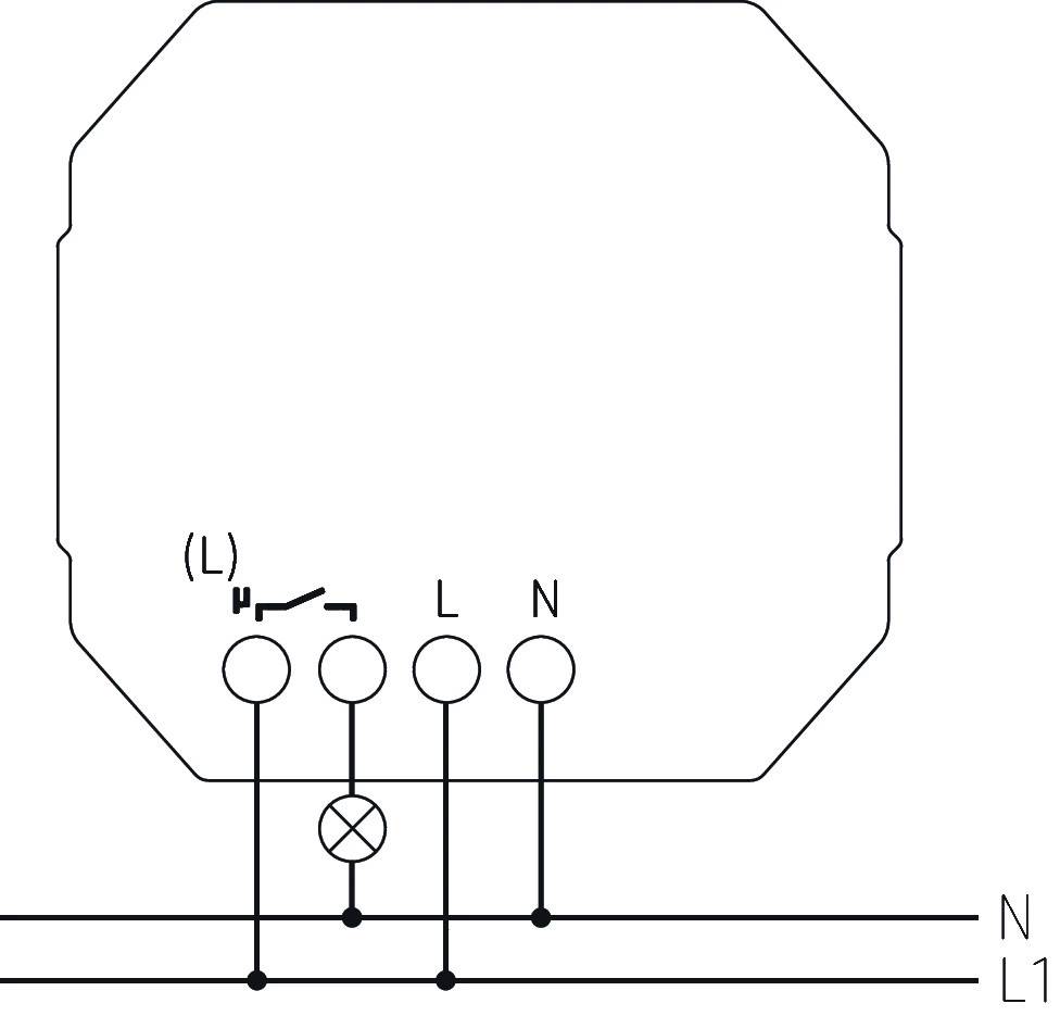 Stromkreisschaltbild mit neutralem (N) und leitendem Draht (L), Schalter, Lampe und Erdungssymbolen, beschreibt elektrische Verbindung.