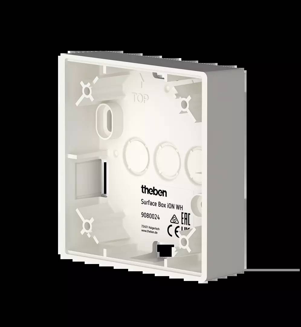 Weiße, quadratische Oberflächenbox für elektronische Geräte, mit mehreren Öffnungen und Schraublöchern zum Befestigen an der Wand.