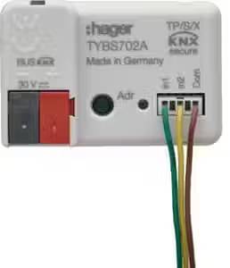 Ein Hager TYBS702A KNX-Busankoppler. Aufschrift 'Made in Germany'. Enthält Anschlüsse für Busleitungen, mit roten, schwarzen und anderen Kabeln.