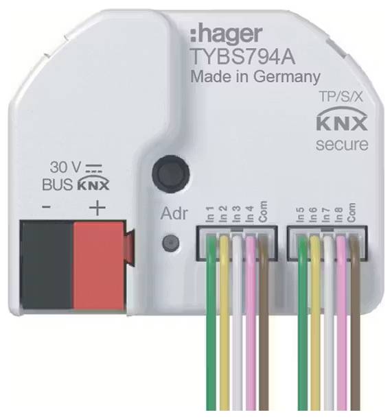 Ein Hager KNX-Aktor, Modell TYBS794A, mit mehreren angeschlossenen Kabeln. Beschriftet mit 'Made in Germany' und 'KNX secure'.
