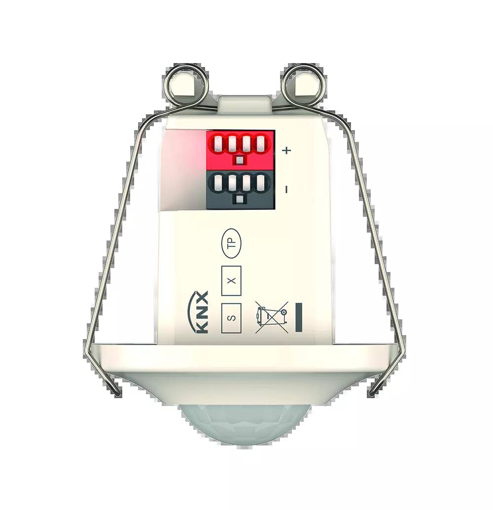 Ein KNX Bewegungsmelder für Deckeneinbau, zeigt rote und schwarze Schalter sowie ein Symbol für die Anbringung, von vorne betrachtet.