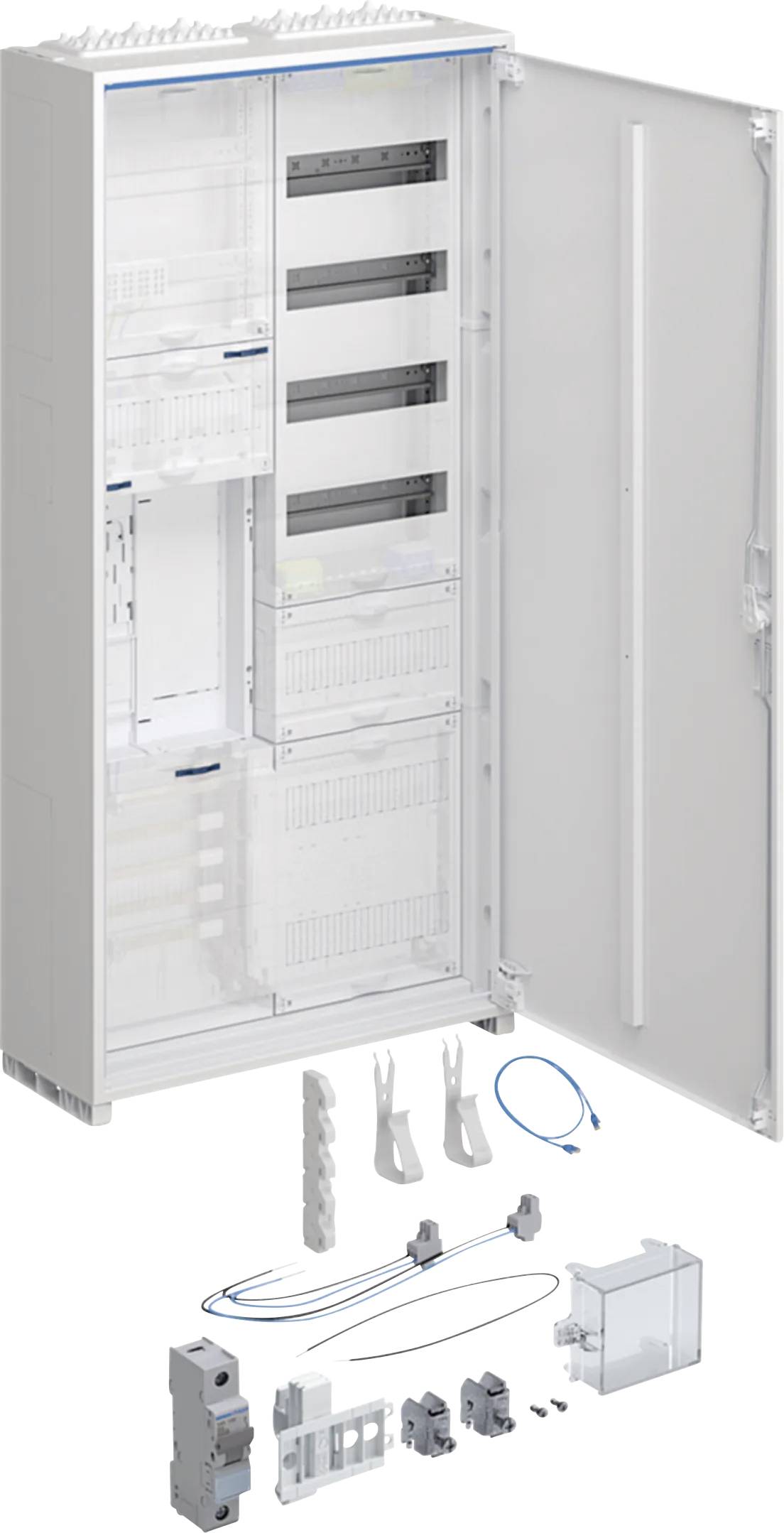 Ein offener Schaltschrank mit mehreren Einheiten, Kabeln und Zubehör darunter. Rechte Tür ist geöffnet. Ideal für Elektroinstallationen.