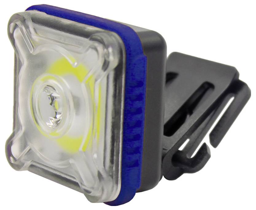 Eine kleine, quadratische LED-Fahrradleuchte mit transparentem Gehäuse und Befestigungsclip.