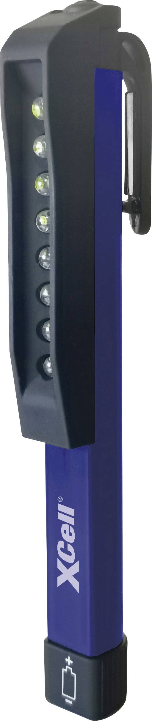 Tragbare LED-Taschenlampe in Stiftform mit blauem Gehäuse und Clip. Markenname 'XCell' auf der Vorderseite sichtbar.